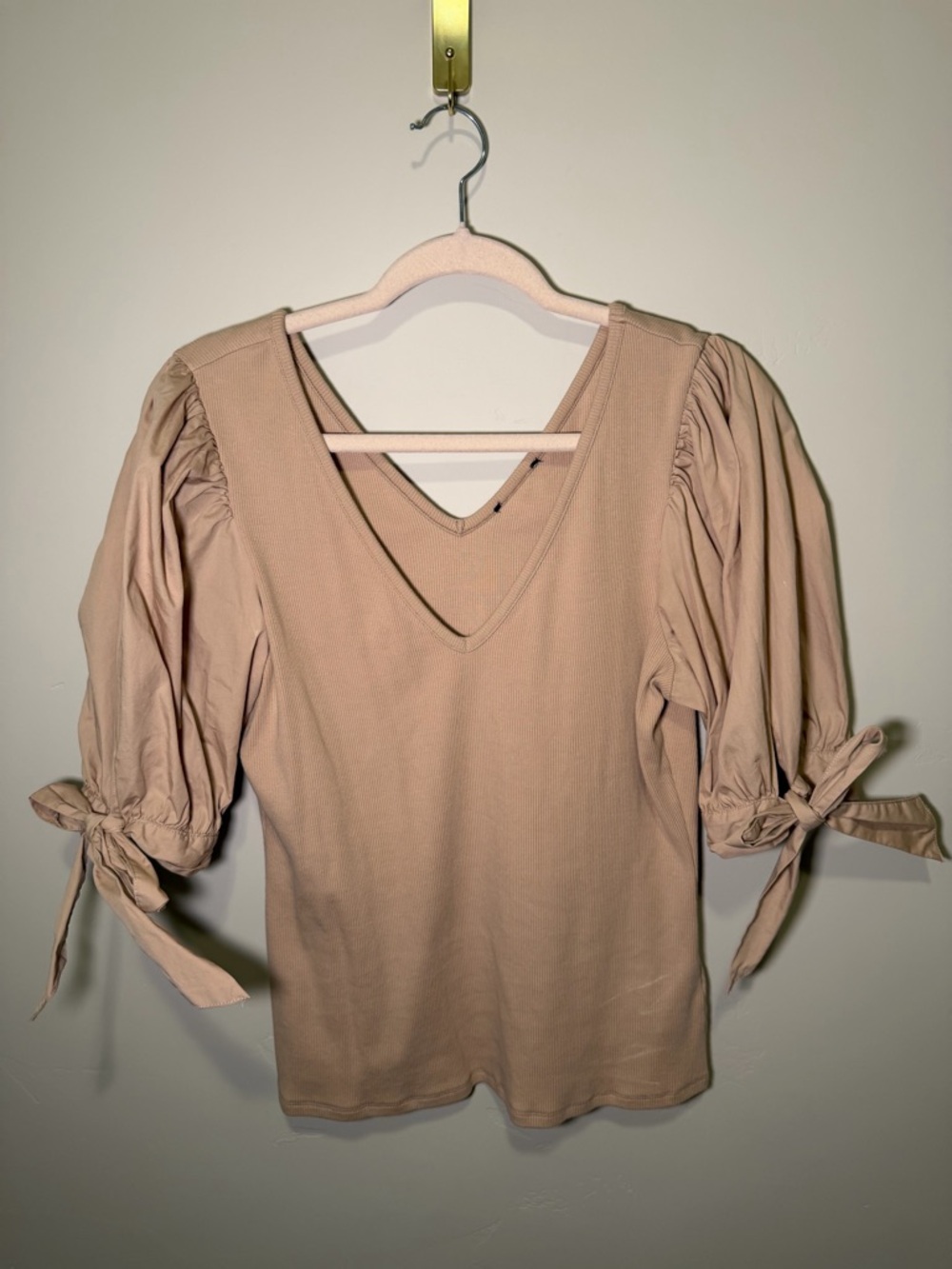 V-Neck Puff Sleeve Tie Cuff Top in Beige